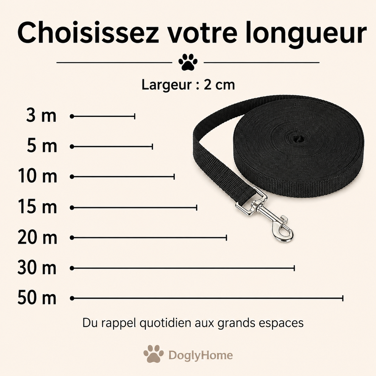 Longueurs de 3 à 50 mètres de la laisse de dressage DoglyHome