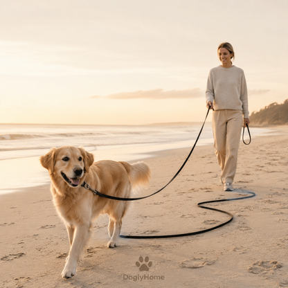 Chien en promenade sur la plage avec la laisse longue DoglyHome