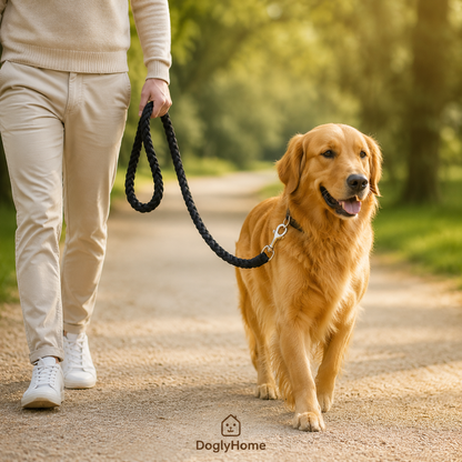 Golden retriever en promenade avec la laisse tressée DoglyHome