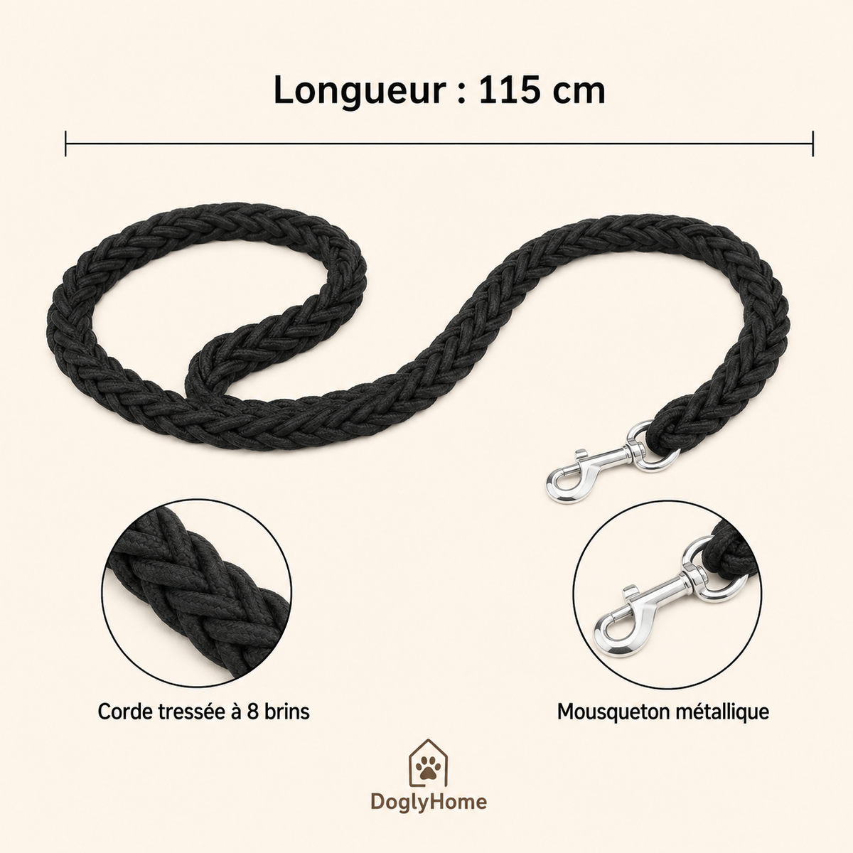 Détails et longueur 115 cm de la laisse tressée DoglyHome