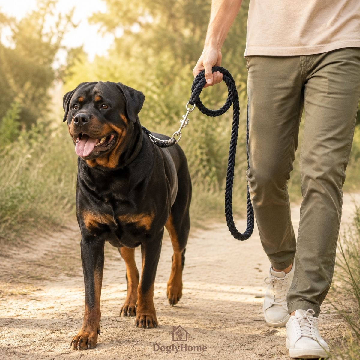 Rottweiler en promenade avec la laisse tressée renforcée DoglyHome