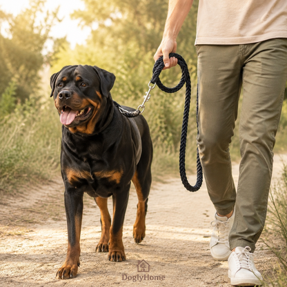Rottweiler en promenade avec la laisse tressée renforcée DoglyHome