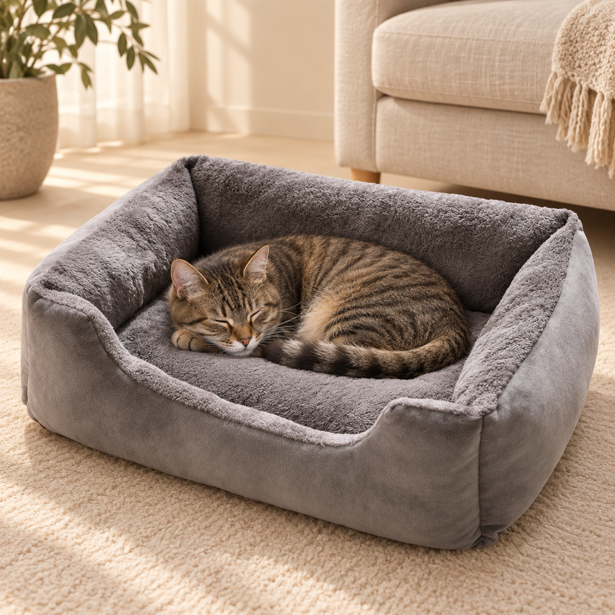Chat endormi dans panier douillet gris DoglyHome