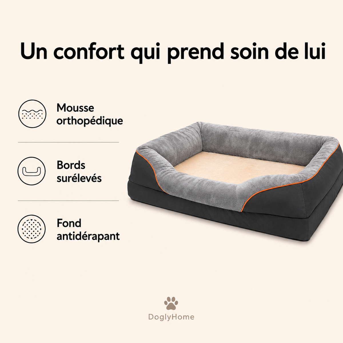 Avantages du panier orthopédique DoglyHome : mousse, bords surélevés et fond antidérapant