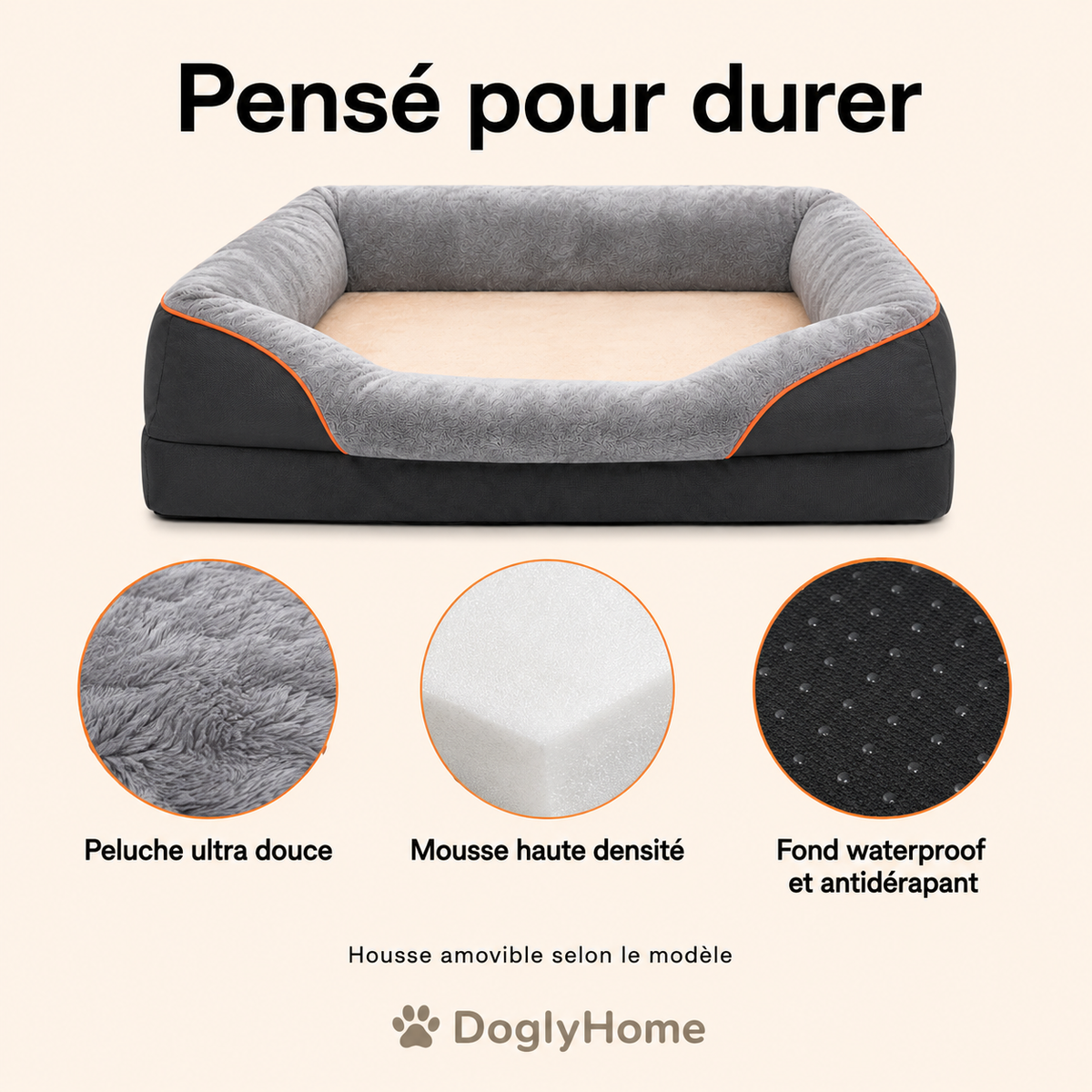 Détails du panier DoglyHome : peluche douce, mousse haute densité et fond waterproof
