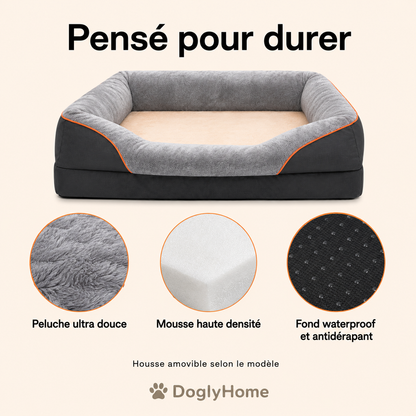 Détails du panier DoglyHome : peluche douce, mousse haute densité et fond waterproof