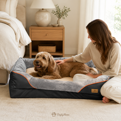Panier orthopédique DoglyHome avec chien et propriétaire dans une chambre