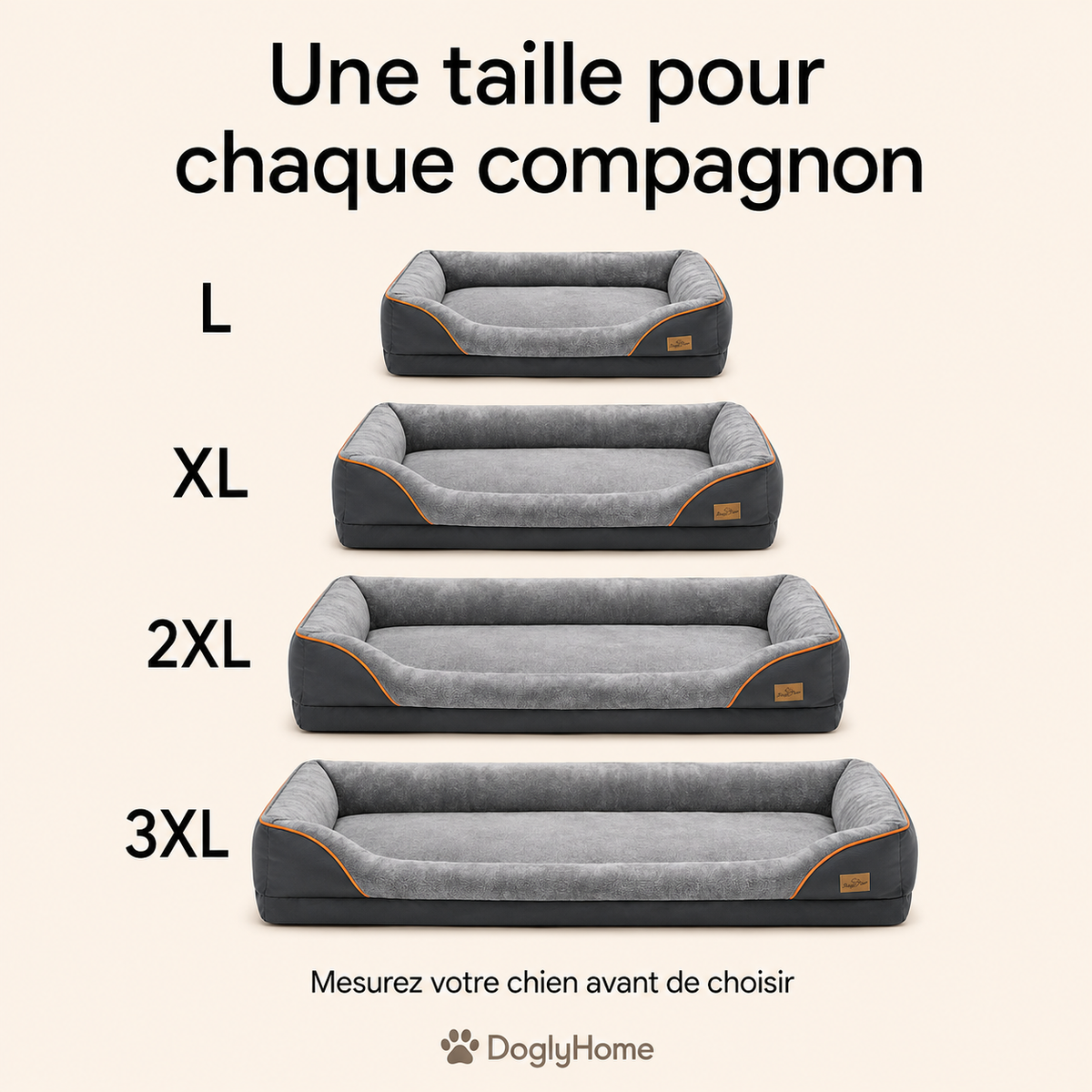 Tailles L XL 2XL et 3XL du panier orthopédique DoglyHome