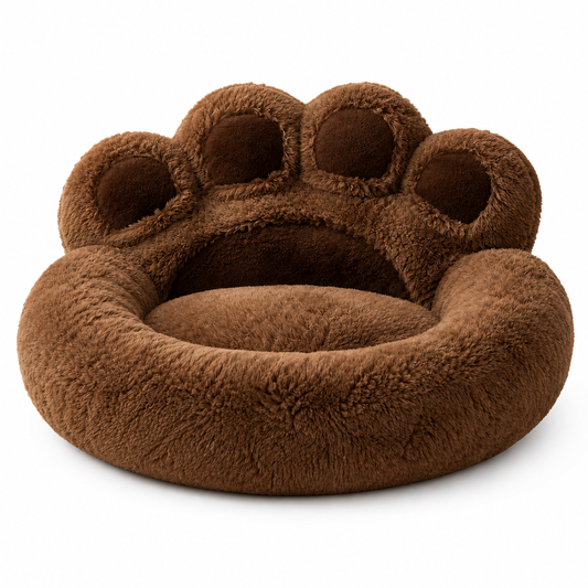 Panier Fluffy Patte Géante marron DoglyHome sur fond blanc